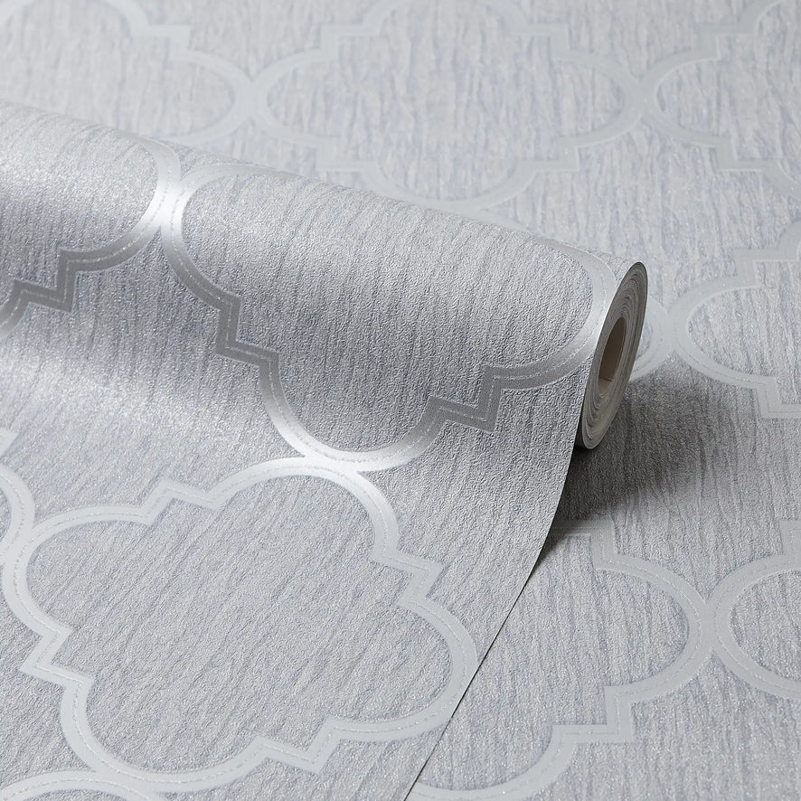 Soho Trellis Wallpaper in Silver with Silver Metallic