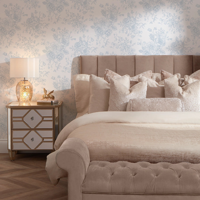 Romantic Roses Wallpaper in Soft Blue on White