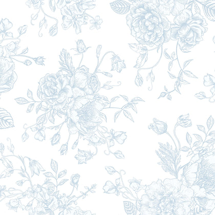 Romantic Roses Wallpaper in Soft Blue on White