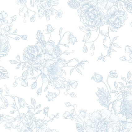 Romantic Roses Wallpaper in Soft Blue on White