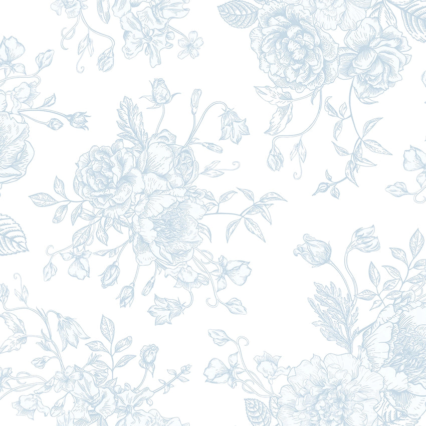 Romantic Roses Wallpaper in Soft Blue on White