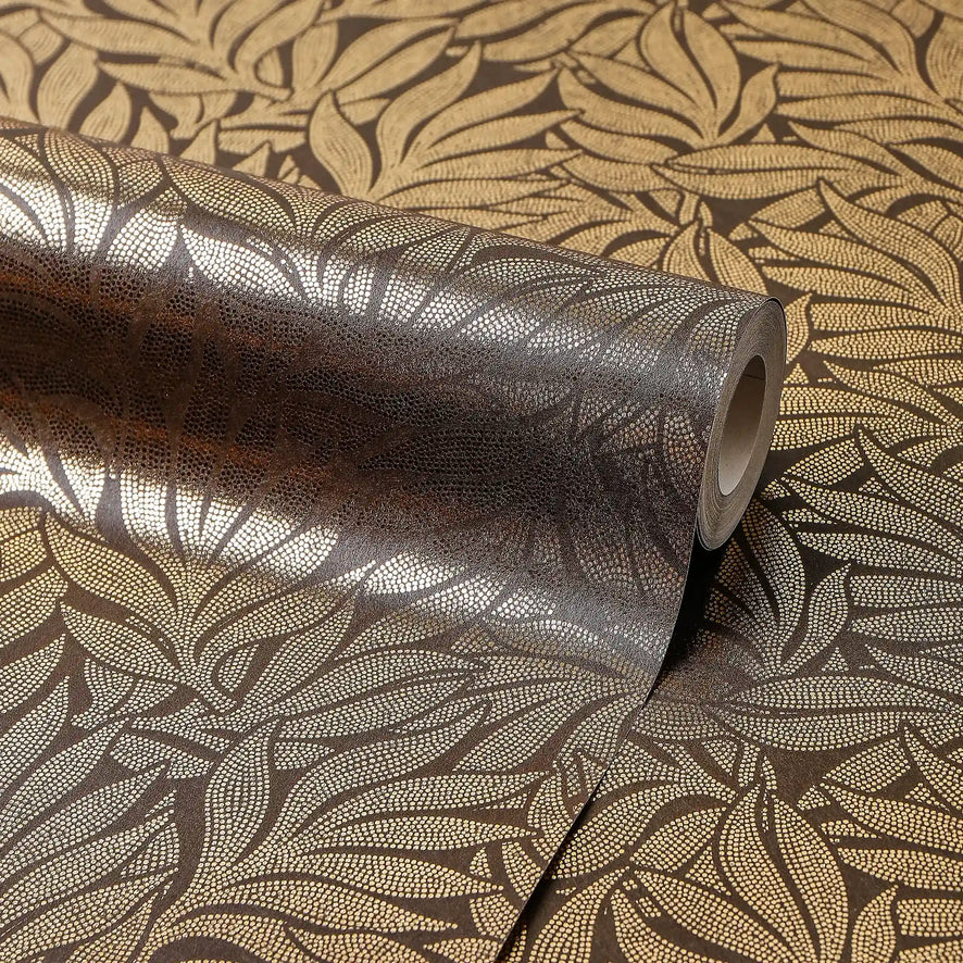Speckled Leaf Wallpaper in Brown with Gold Foil