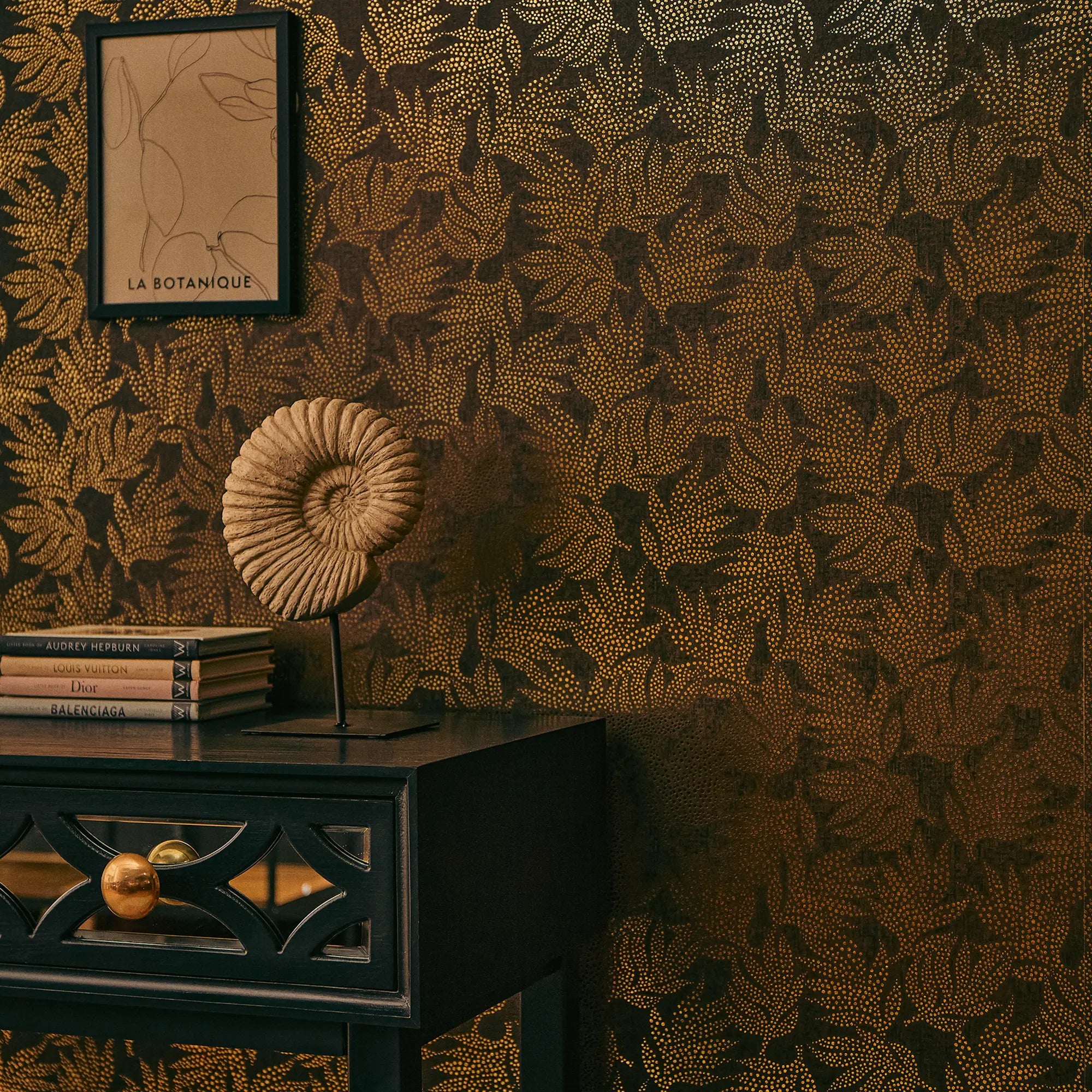 Speckled Leaf Wallpaper in Brown with Gold Foil
