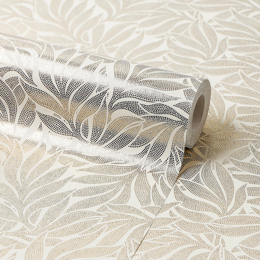 Speckled Leaf Wallpaper in Cream with Gold Foil