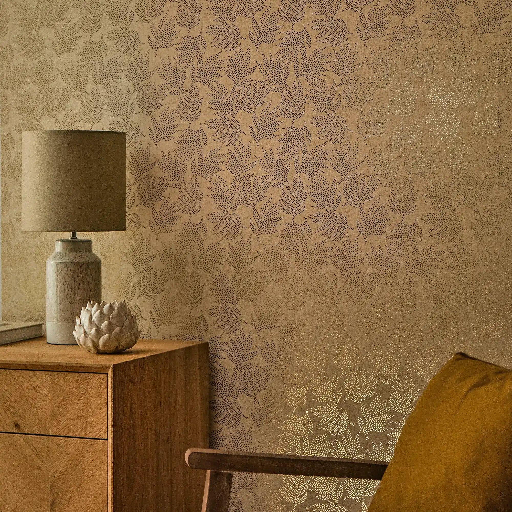 Speckled Leaf Wallpaper in Cream with Gold Foil