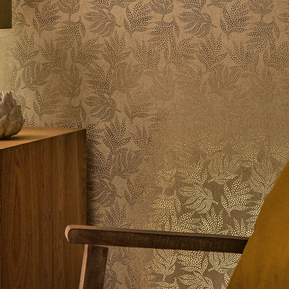 Speckled Leaf Wallpaper in Cream with Gold Foil