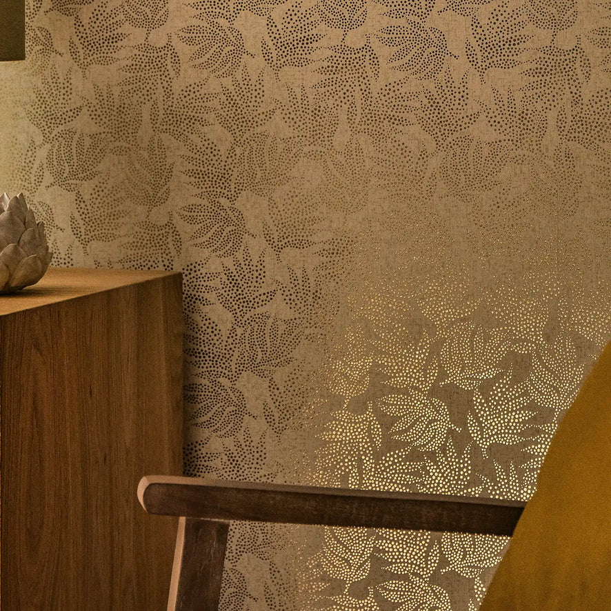 Speckled Leaf Wallpaper in Cream with Gold Foil