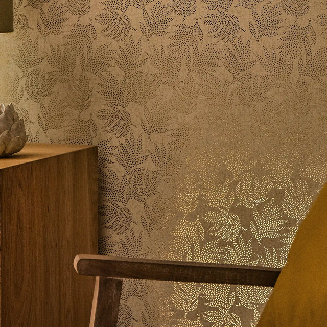 Speckled Leaf Wallpaper in Cream with Gold Foil