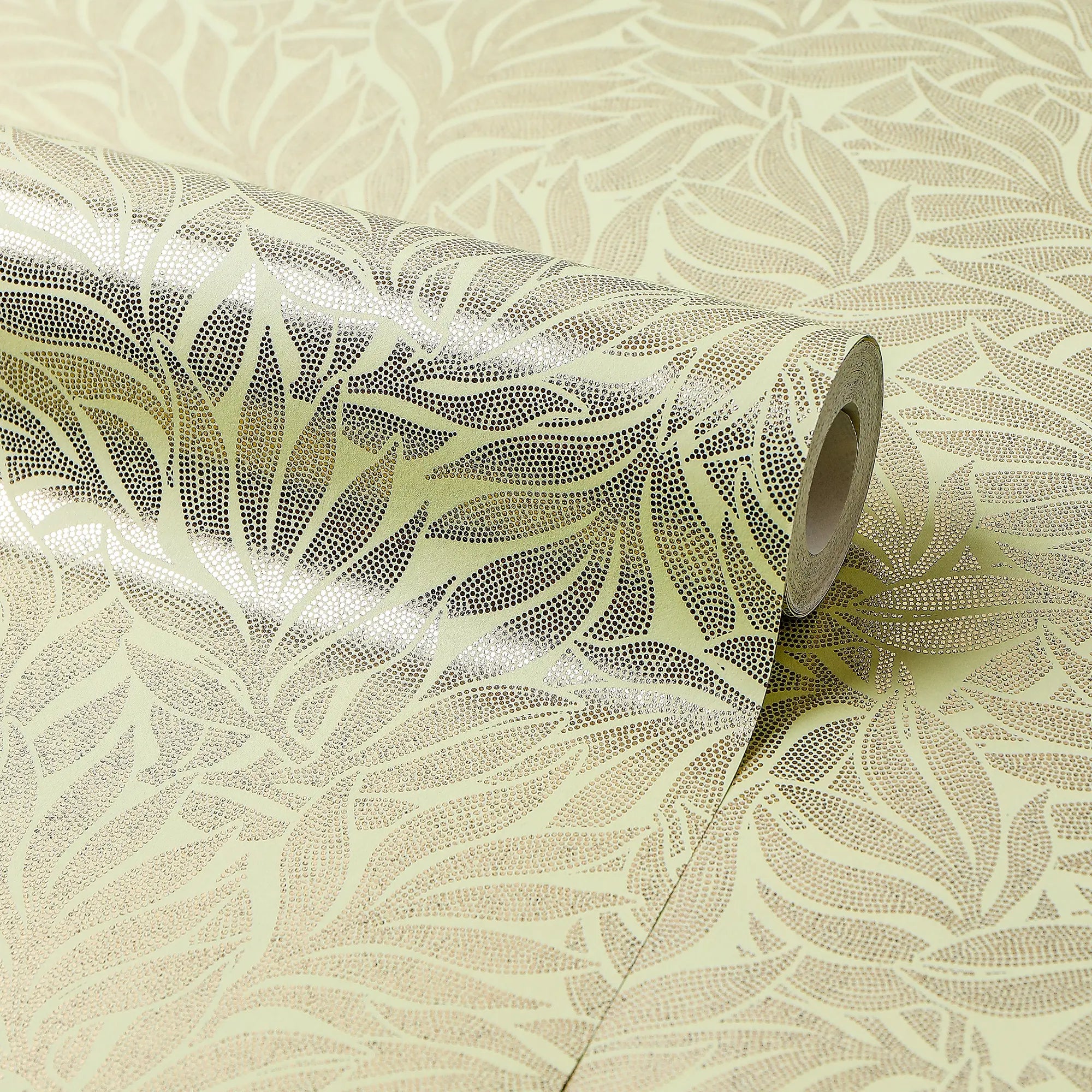 Speckled Leaf Wallpaper in Greens with Gold Foil