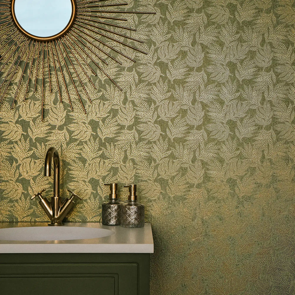 Speckled Leaf Wallpaper in Greens with Gold Foil
