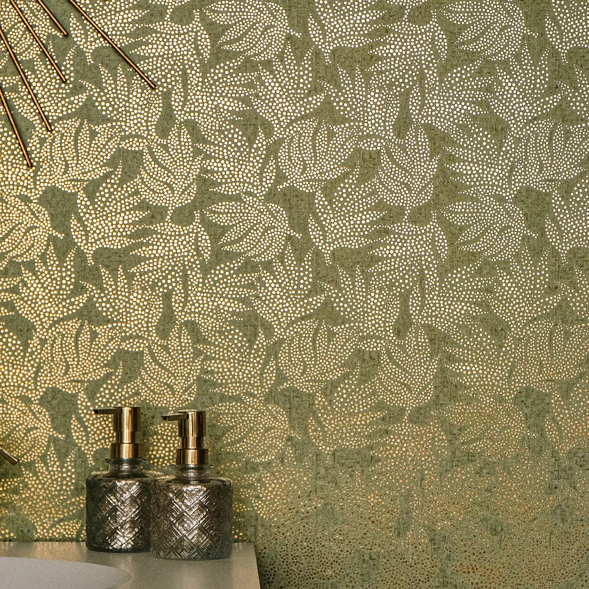 Speckled Leaf Wallpaper in Greens with Gold Foil