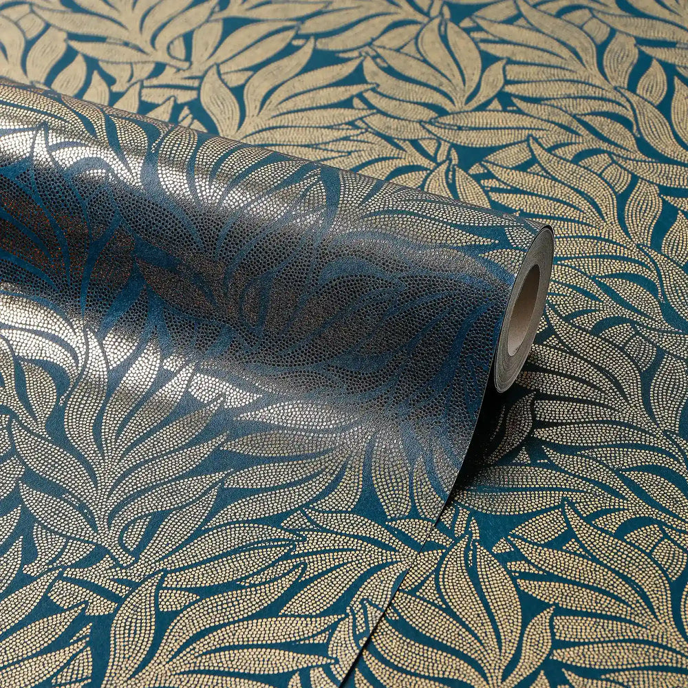 Speckled Leaf Wallpaper in Navy with Gold Foil