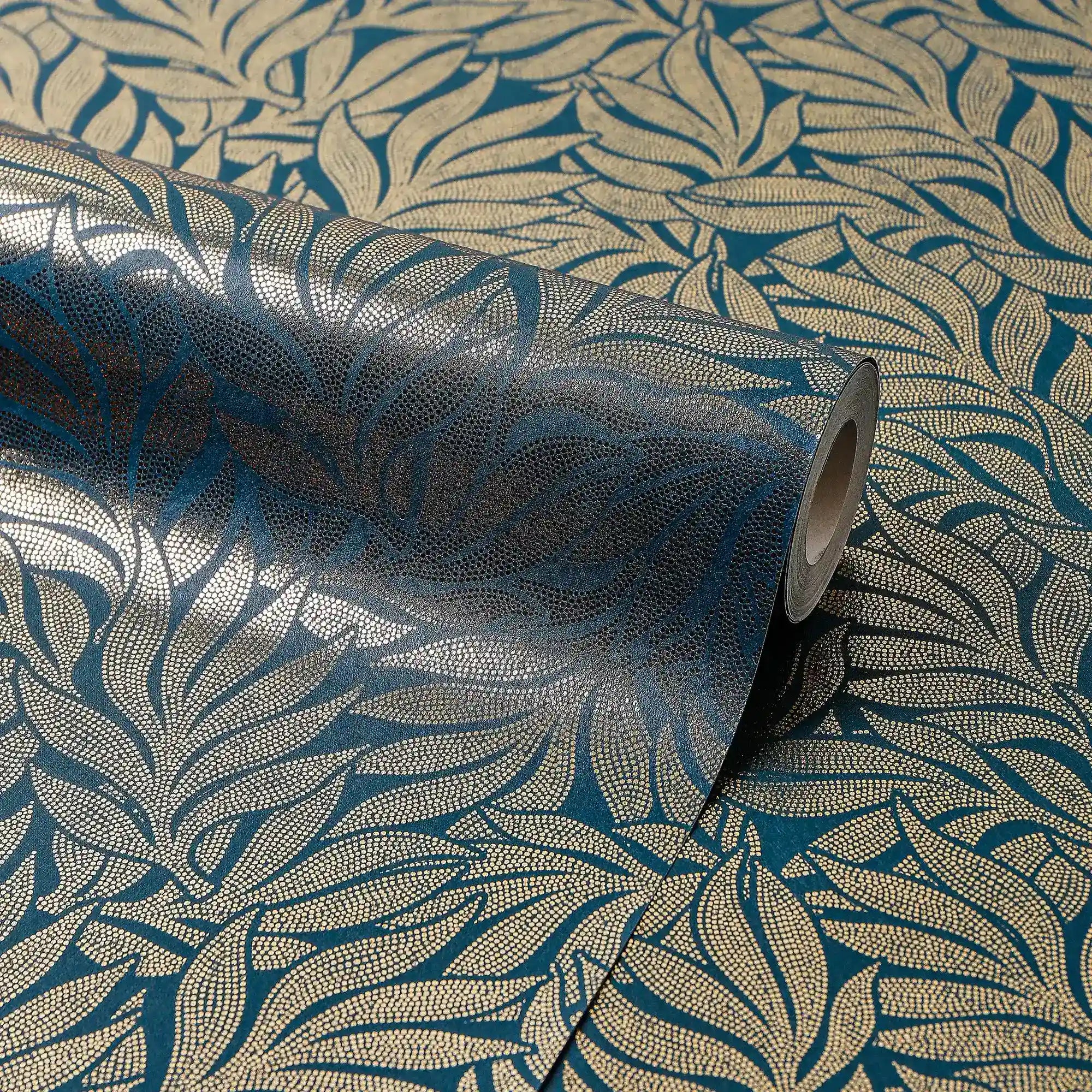 Speckled Leaf Wallpaper in Navy with Gold Foil
