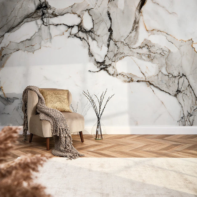 Statuario Marble Full Wall Mural in Grey Tones