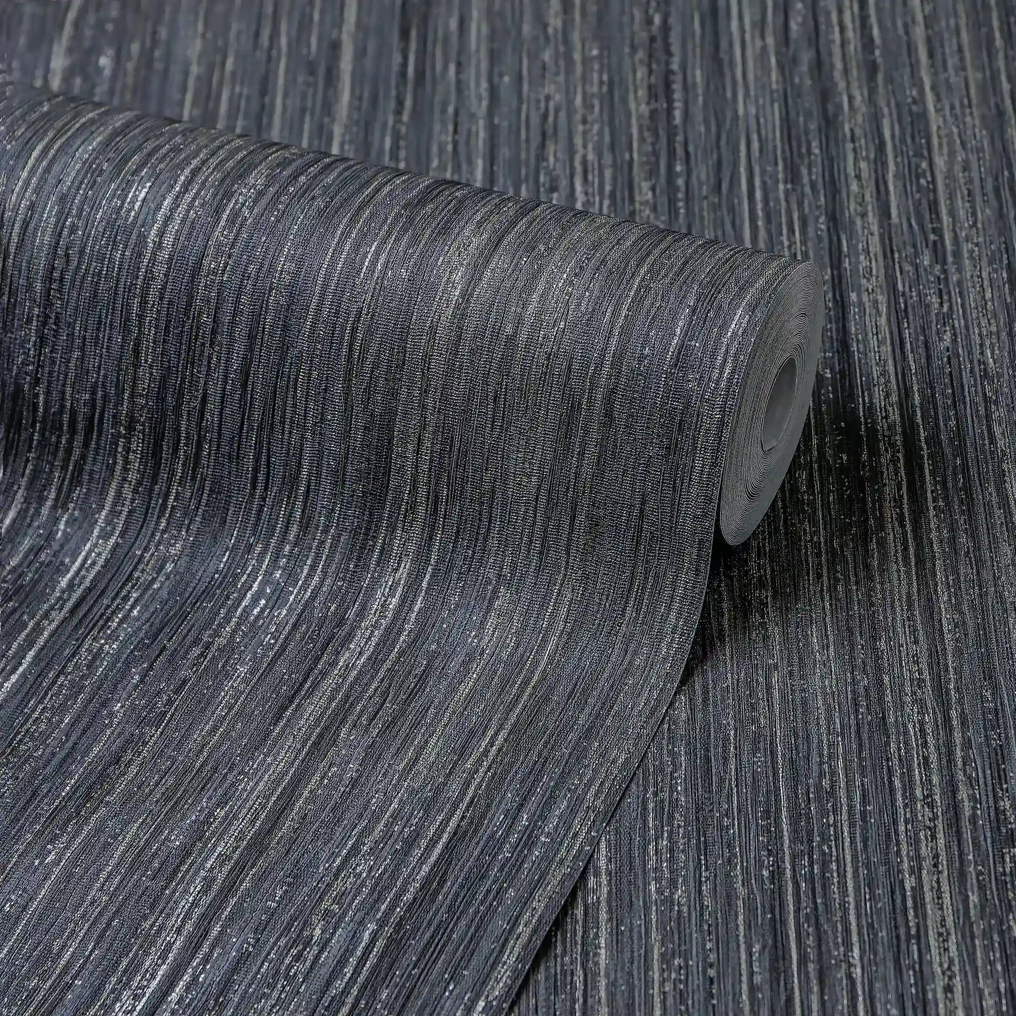 Strata Wallpaper in Charcoal with Silver Metallic