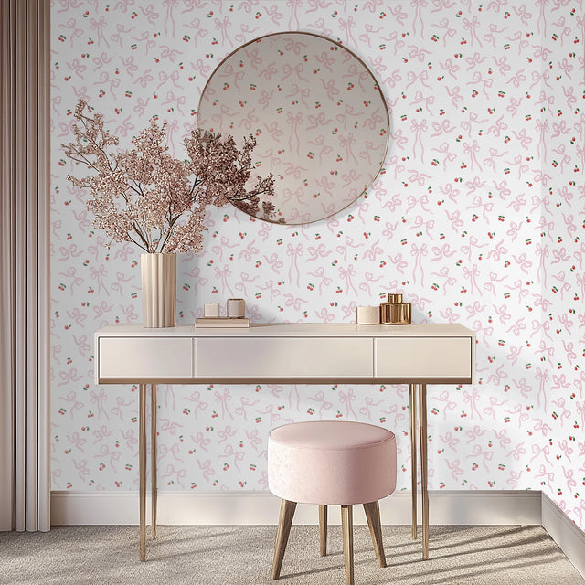 Sweet Cherry Bows Wallpaper in Pink & Red