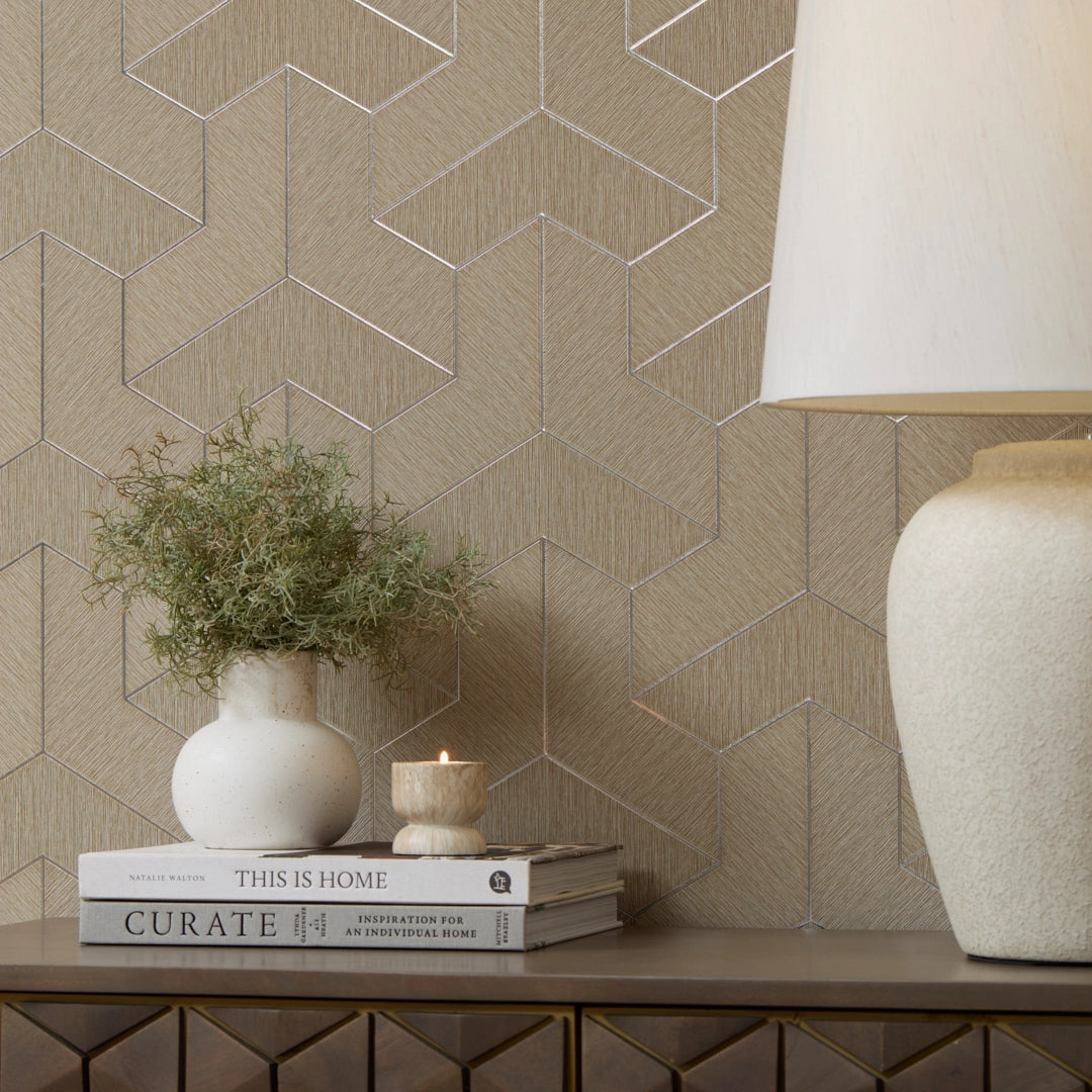 Tessellate Wallpaper in Linen with Metallic Silver