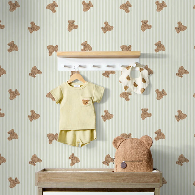 The Bear Wallpaper in Soft Sage