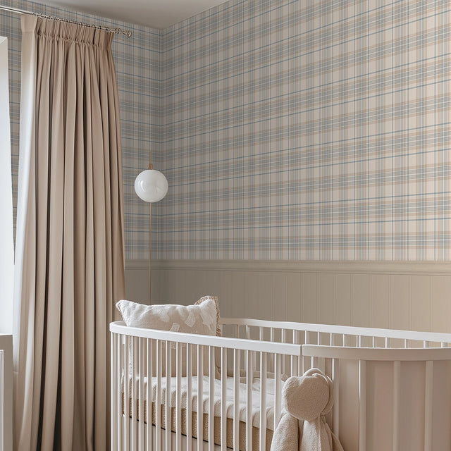 Traditional Check Panel Wallpaper in Cream and Blue with Cream Panel