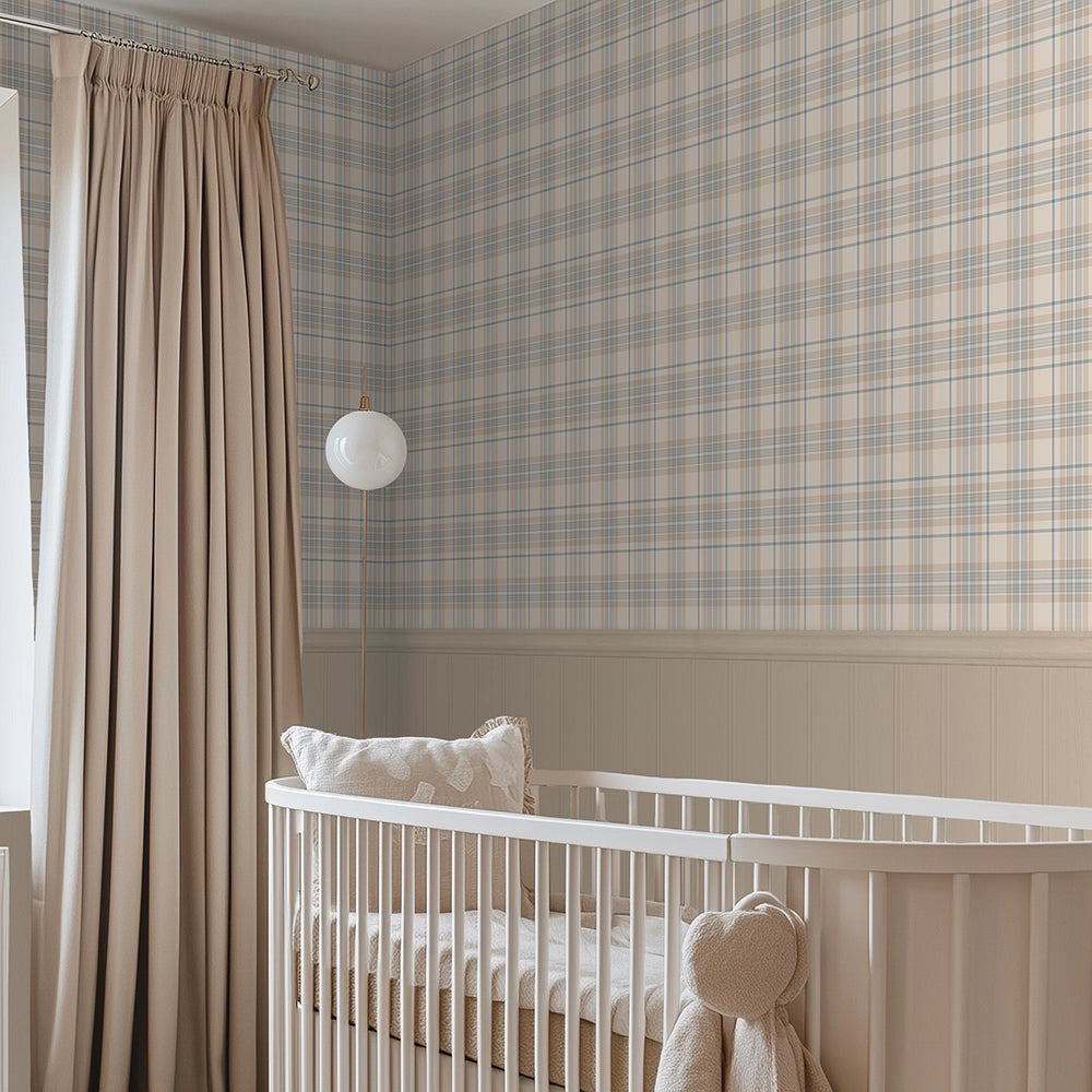 Sample of Traditional Check Panel Wallpaper in Cream and Blue with Cream Panel