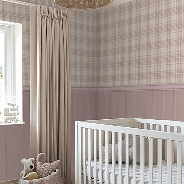 Traditional Check Panel Wallpaper in Cream and Pink with Pink Panel