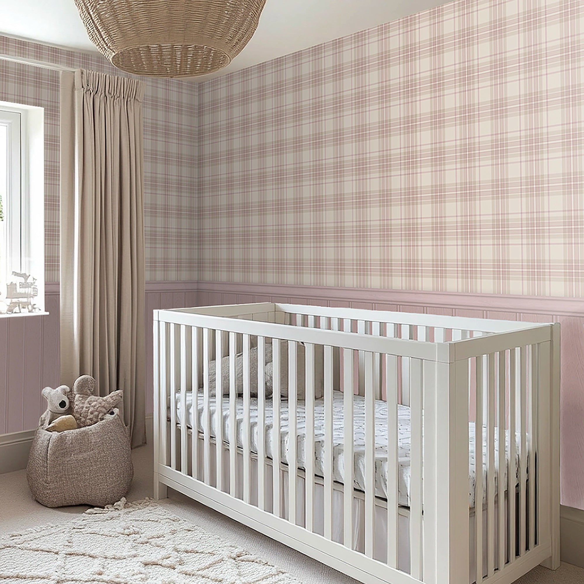 Sample of Traditional Check Panel Wallpaper in Cream and Pink with Pink Panel