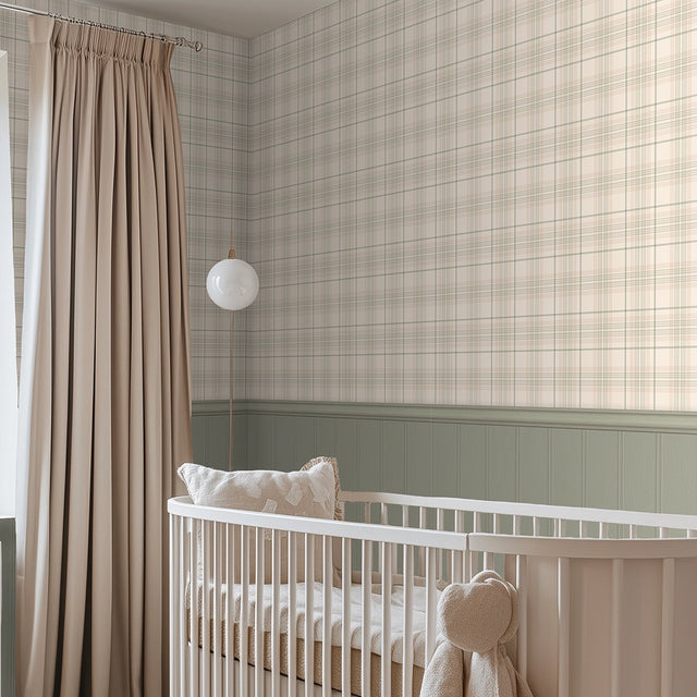 Traditional Check Panel Wallpaper in Cream and Sage with Sage Panel
