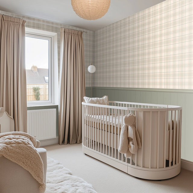 Traditional Check Panel Wallpaper in Cream and Sage with Sage Panel