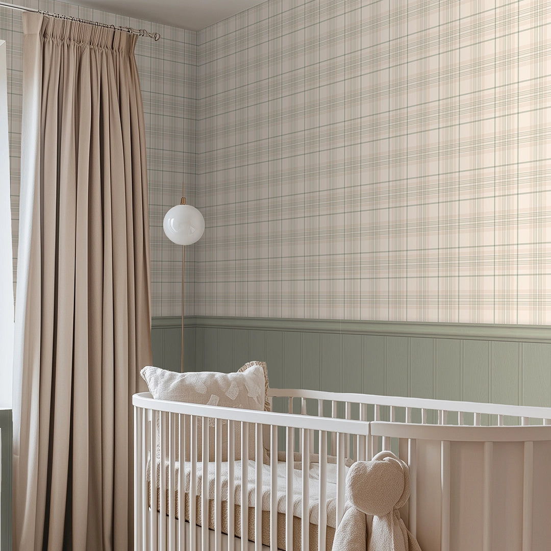 Sample of Traditional Check Panel Wallpaper in Cream and Sage with Sage Panel