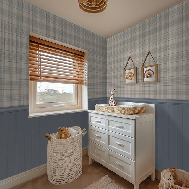 Traditional Check Panel Wallpaper in Cream and Blue with Blue Panel