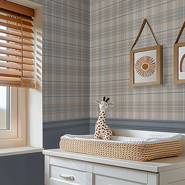 Traditional Check Panel Wallpaper in Cream and Blue with Blue Panel