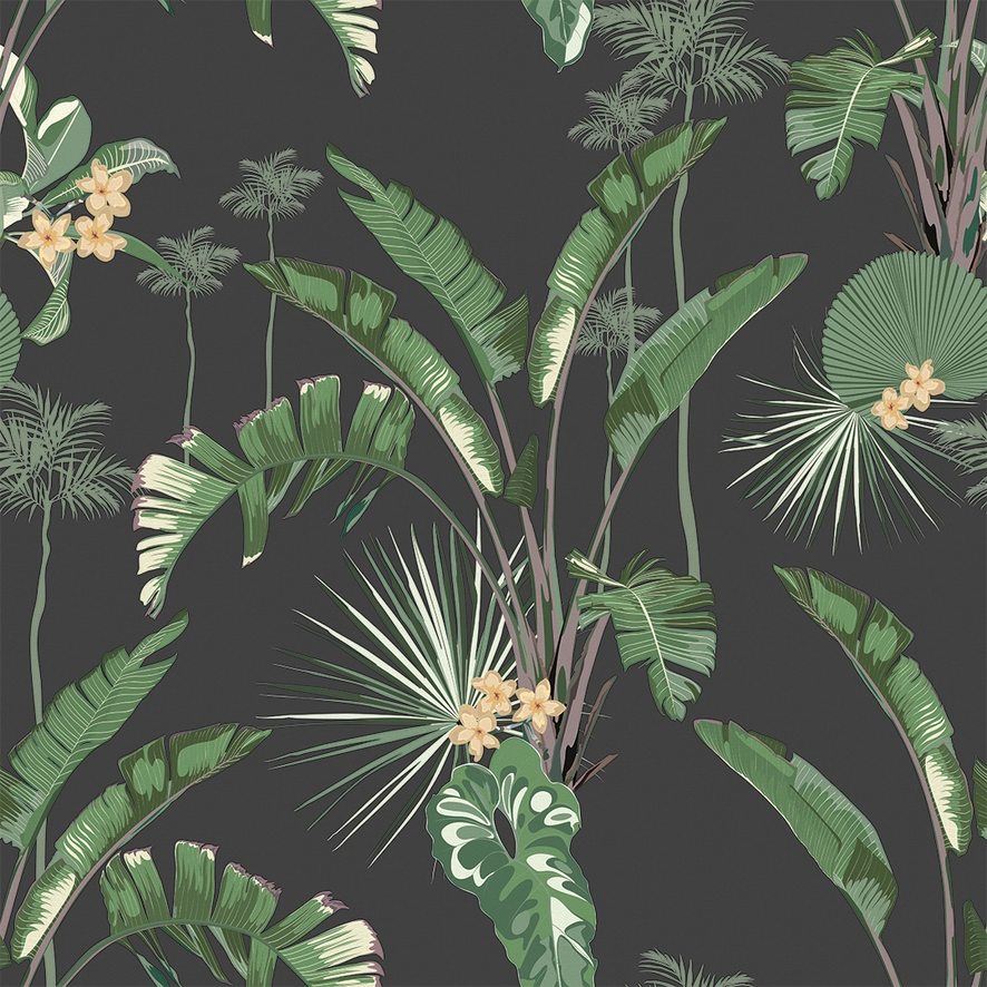 Tropical Paradise Wallpaper in Green on Charcoal