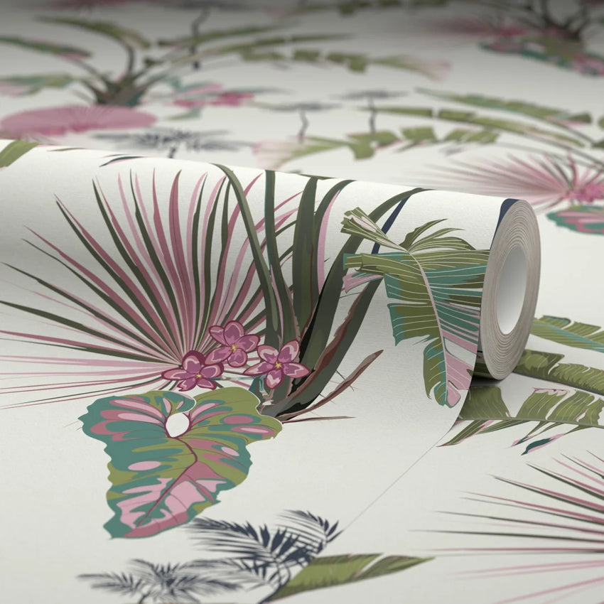 Tropical Paradise Wallpaper in Pink and Green on Cream