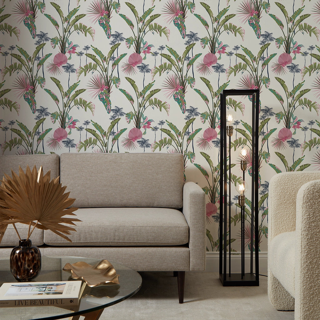 Tropical Paradise Wallpaper in Pink and Green on Cream