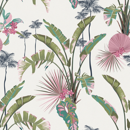 Tropical Paradise Wallpaper in Pink and Green on Cream