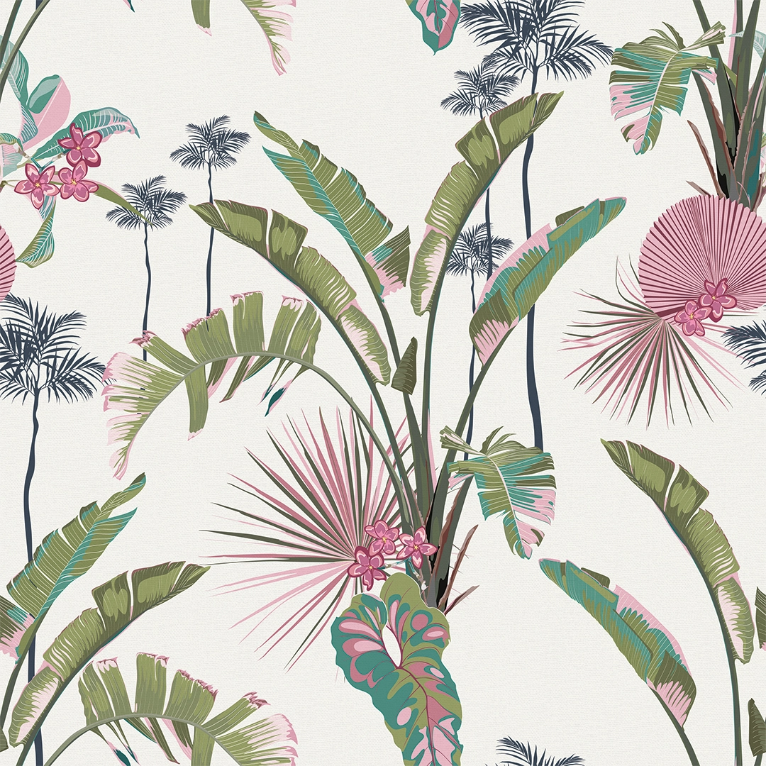 Sample of Tropical Paradise Wallpaper in Pink and Green on Cream