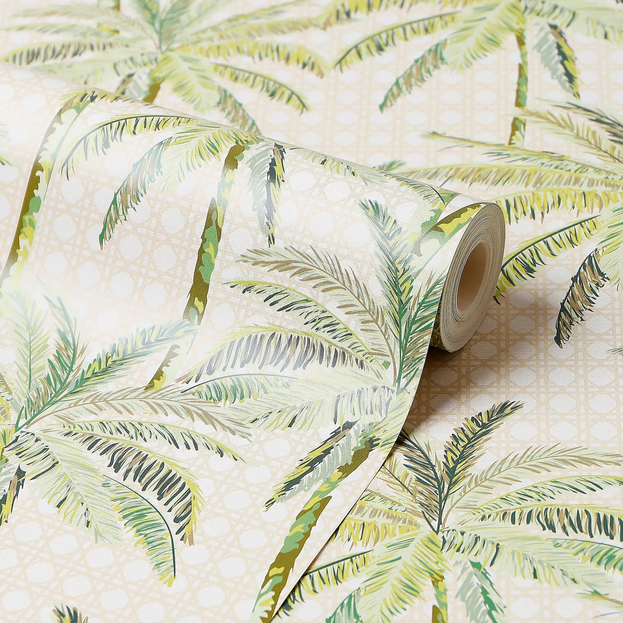Tropical Rattan Wallpaper in Green on Cream