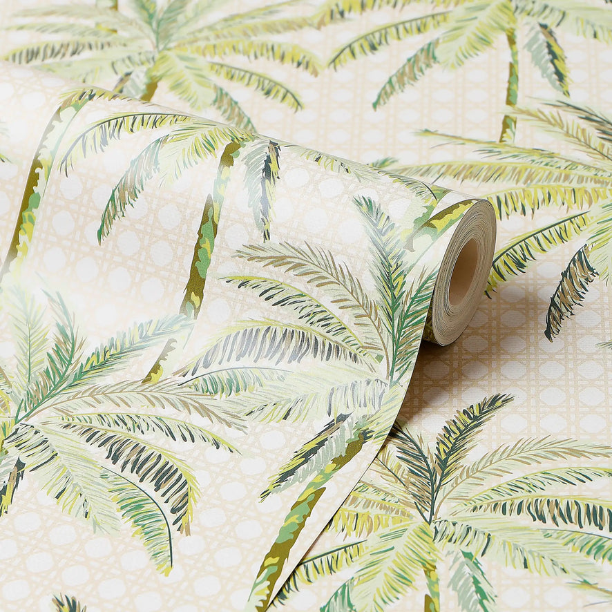 Tropical Rattan Wallpaper in Green on Cream