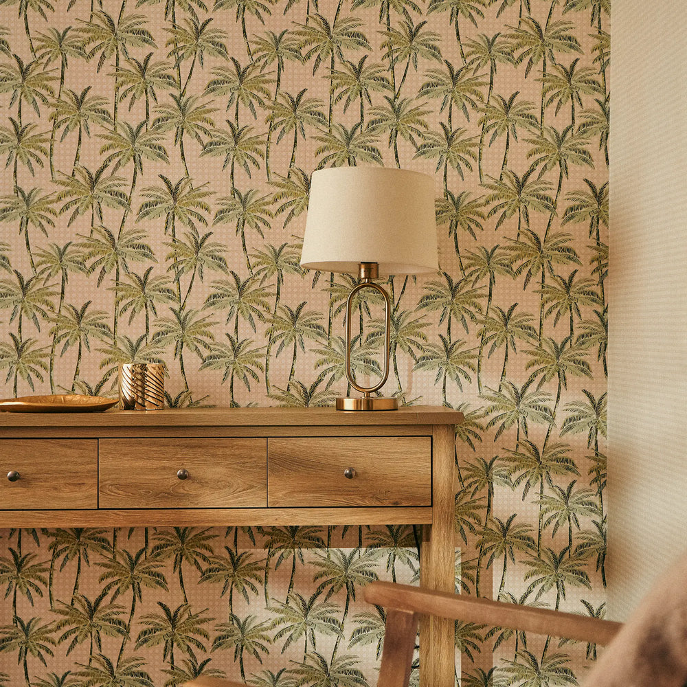 Tropical Rattan Wallpaper in Green on Cream