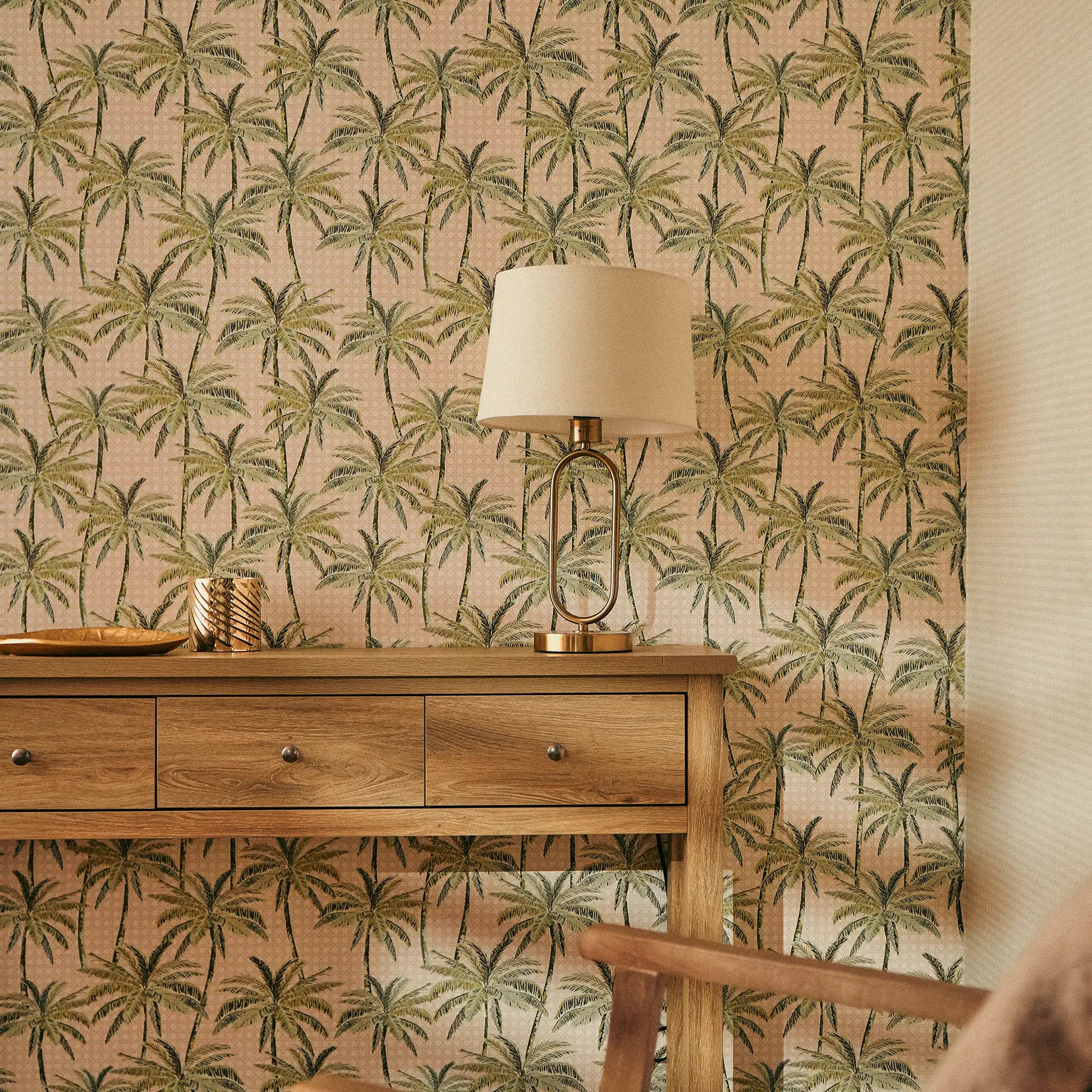 Tropical Rattan Wallpaper in Green on Cream