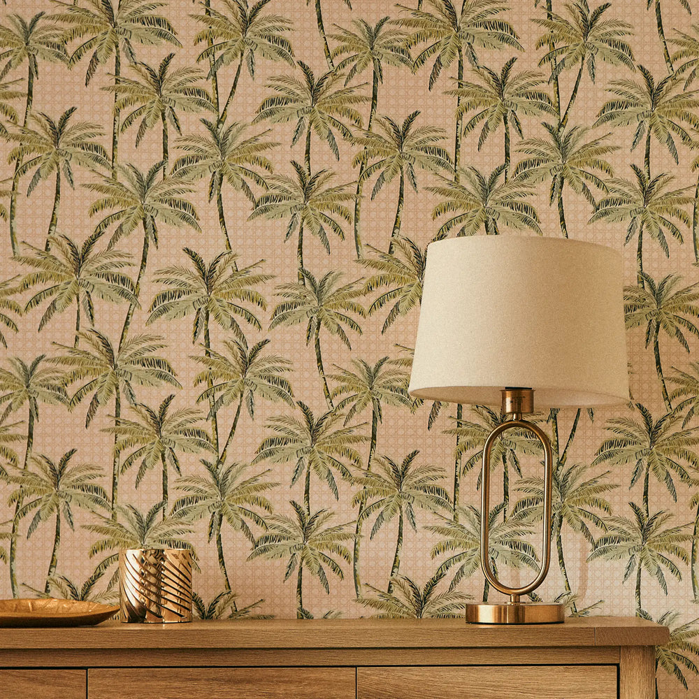 Tropical Rattan Wallpaper in Green on Cream