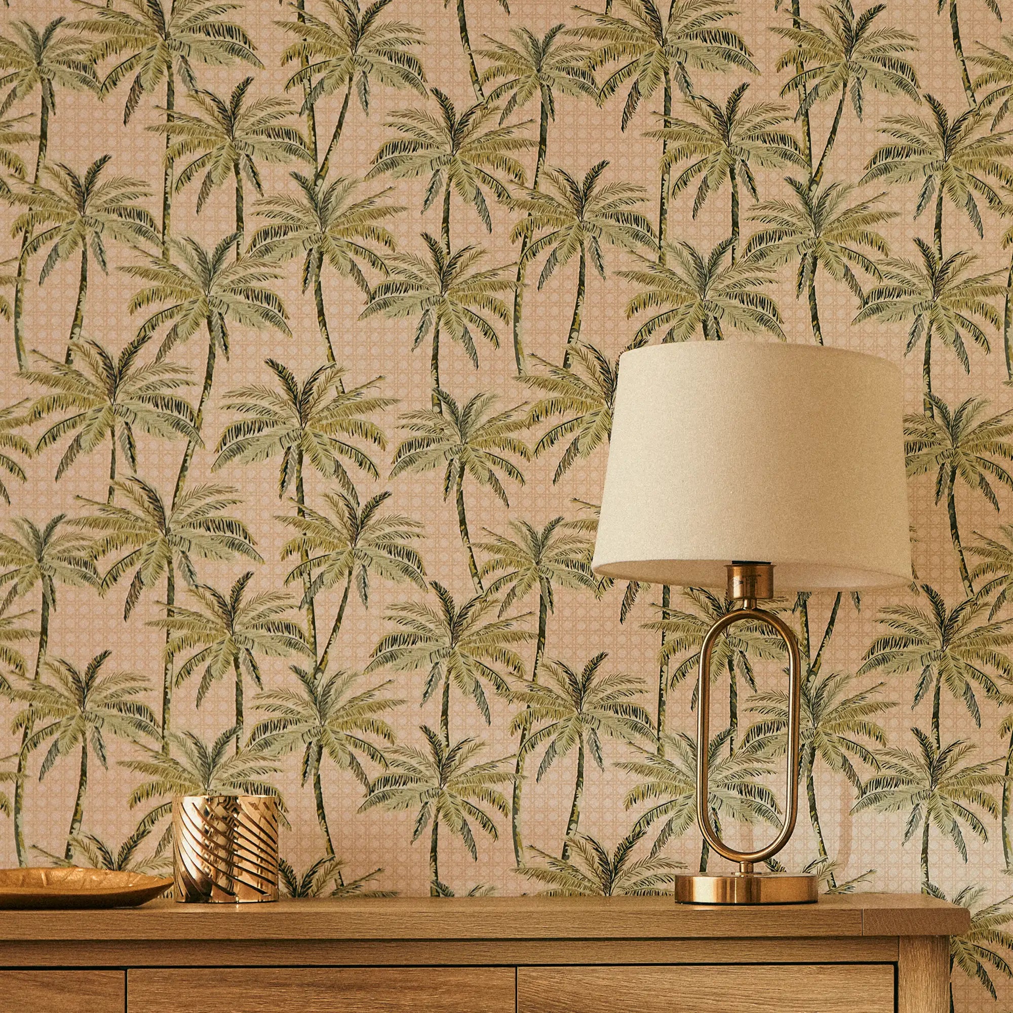Tropical Rattan Wallpaper in Green on Cream