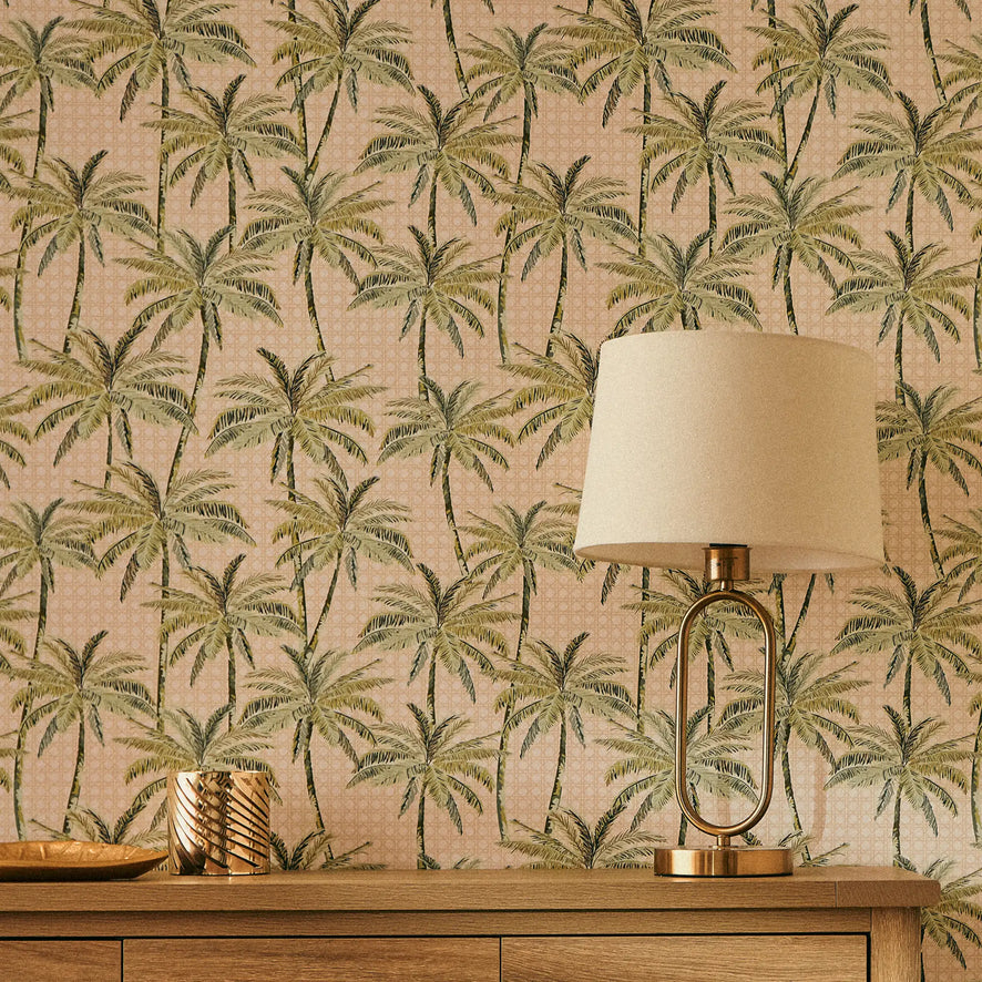 Tropical Rattan Wallpaper in Green on Cream