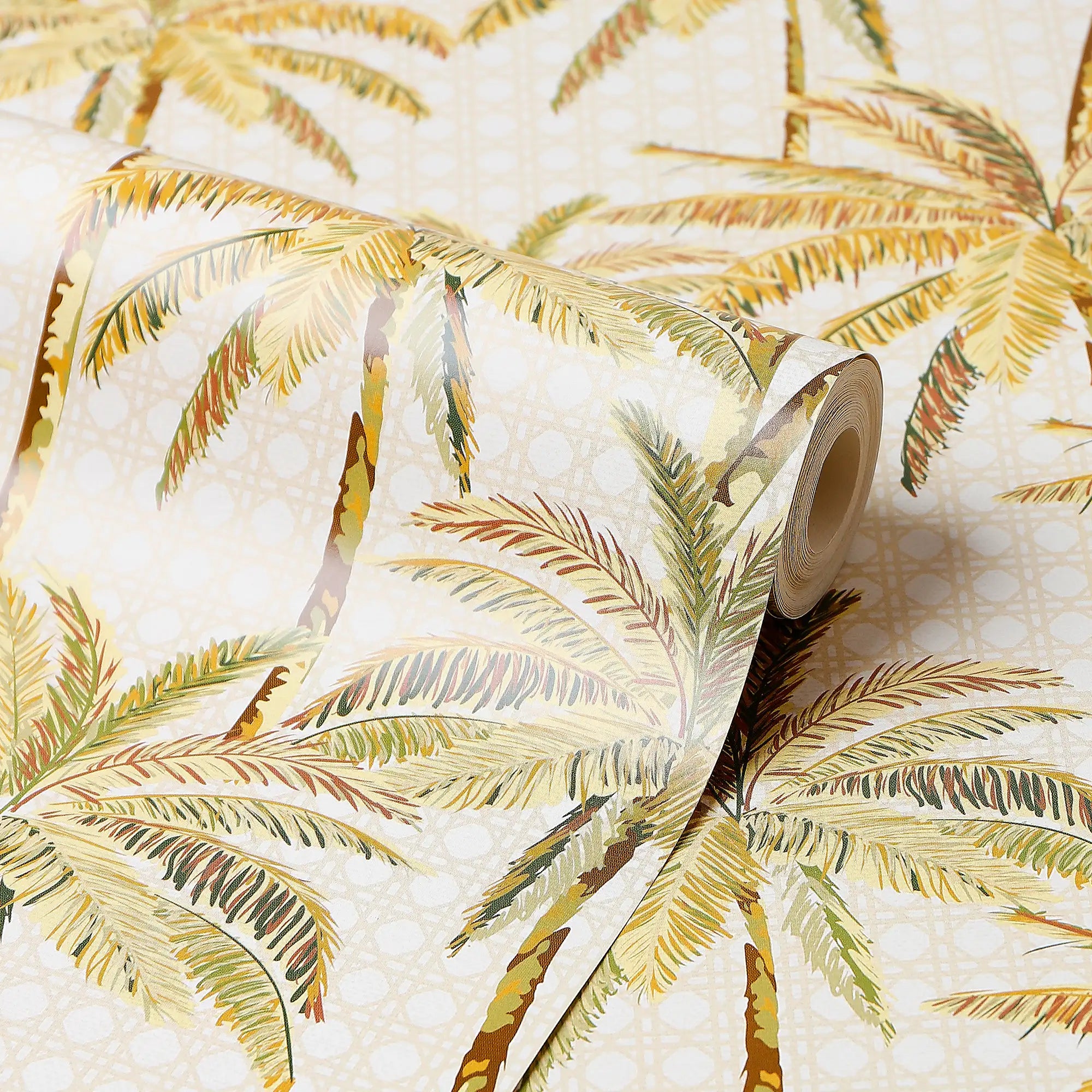 Tropical Rattan Wallpaper in Honey on Cream