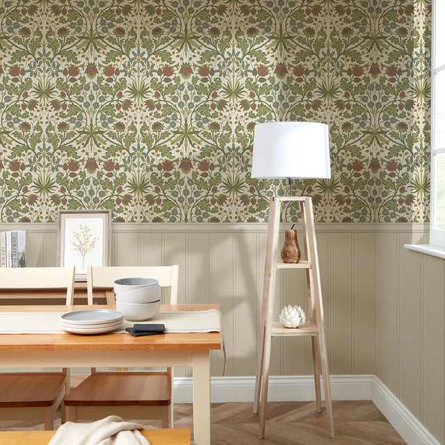 Tulip Trellis Panel Wallpaper in Sage Green on Cream with Cream Panel