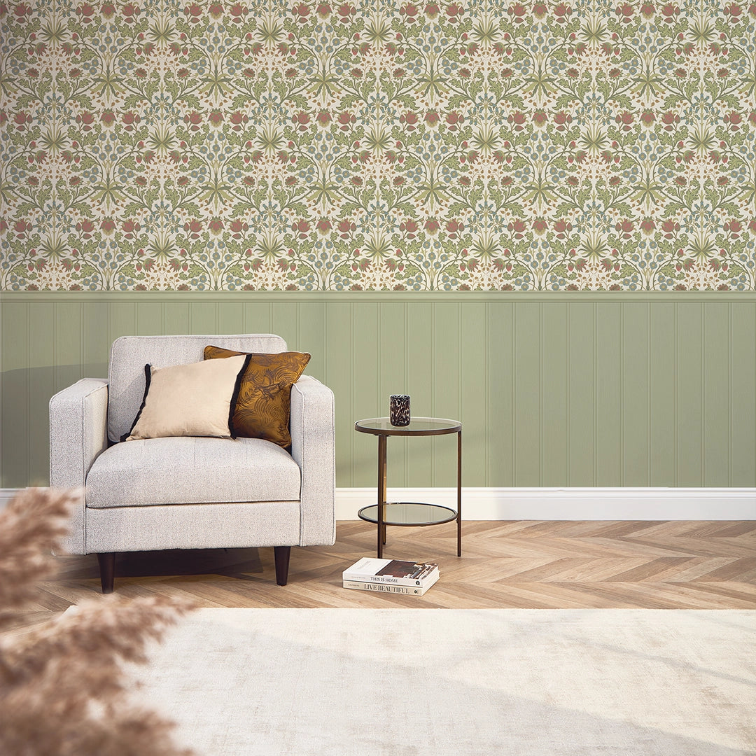 Sample of Tulip Trellis Panel Wallpaper in Sage Green on Cream with Sage Green Panel