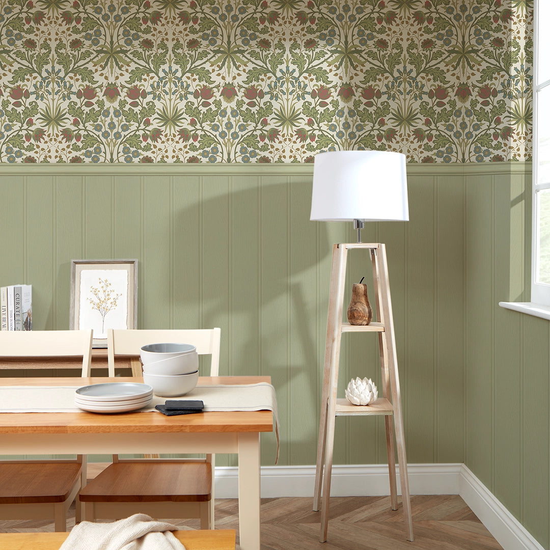Tulip Trellis Panel Wallpaper in Sage Green on Cream with Sage Green Panel