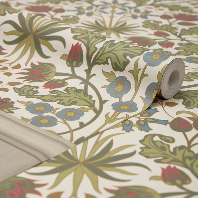 Tulip Trellis Panel Wallpaper in Sage Green on Cream with Sage Green Panel