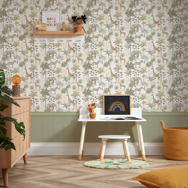 Vintage Explorer Panel Wallpaper in Earthy Tones with Sage Green Panel