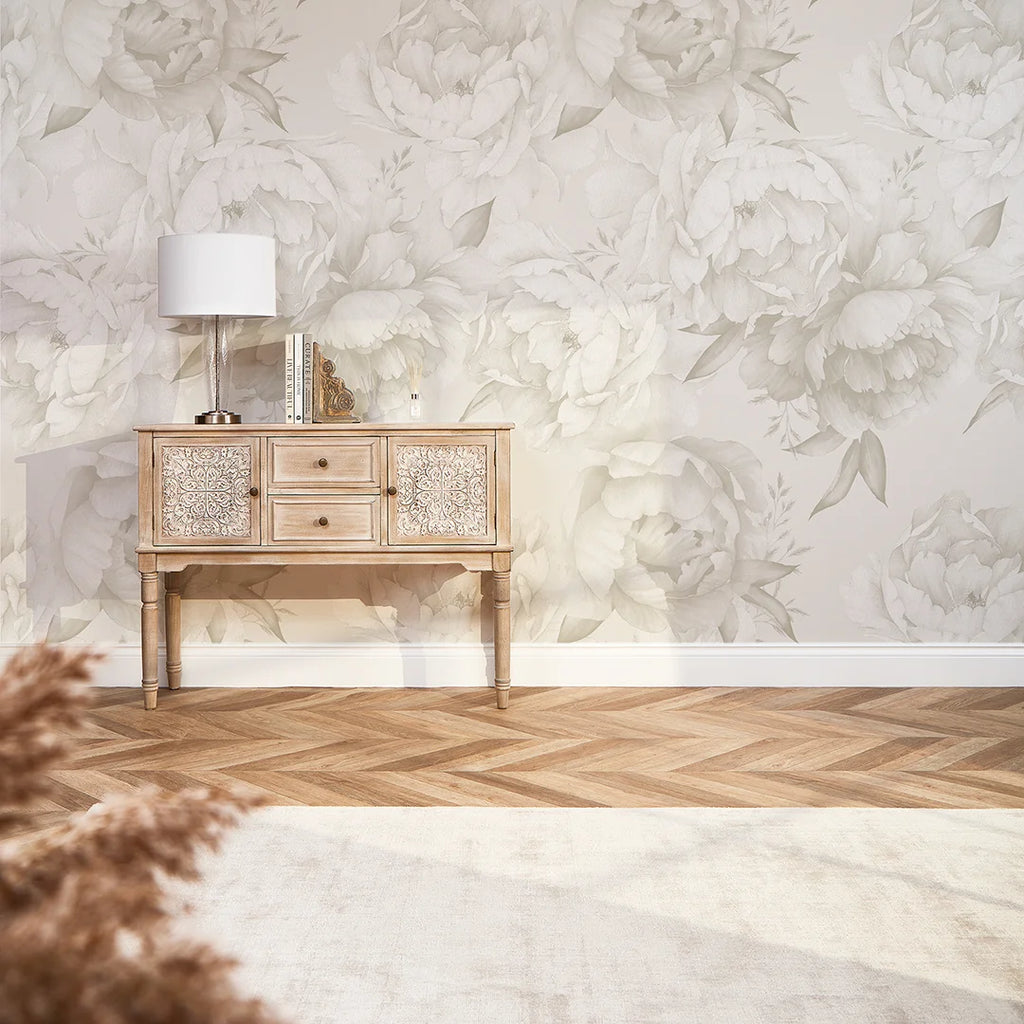 Vintage Peony Mural in Cool Neutrals